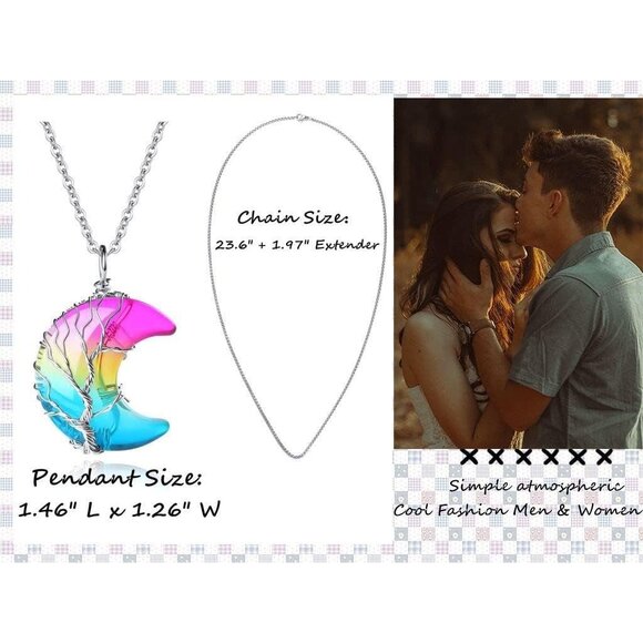 Womens Rainbow Natural Crystal Moon Crescent Tree Wire Wrapped Gemstone Necklace - Picture 7 of 8